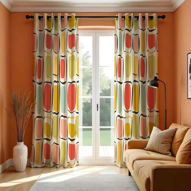Retro Geometric Curtains, Mid-Century Modern Print Drapes, Colorful Abstract Window Panels - image 1