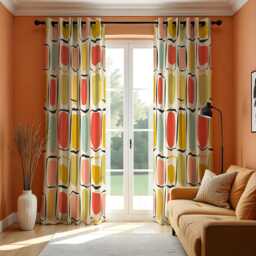 Retro Geometric Curtains, Mid-Century Modern Print Drapes, Colorful Abstract Window Panels