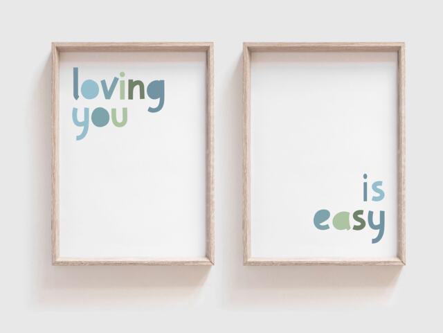 Set Of 2 Loving You Is Easy, Boys Nursery Prints. Wall Art, Boy Bedroom Prints, Muted Blue & Green - image 1