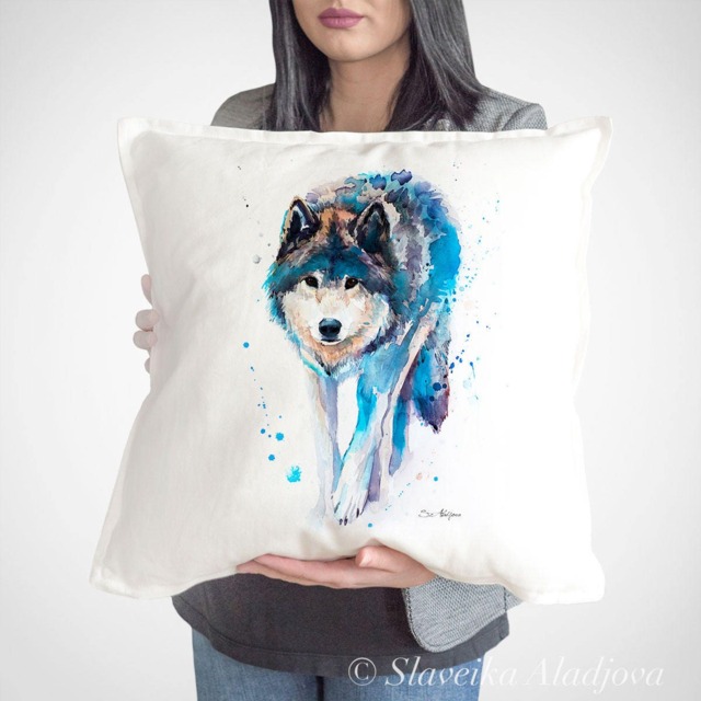 Wolf Throw Pillow Cover By Slaveika Aladjova, Cushion Cover, Decorative Pillow Cover, Animal Art, Watercolor Pillow, Christmas Gift - image 1