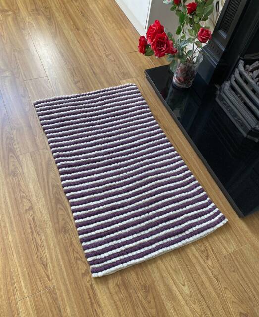 Rectangle Crochet Rug, Purple Cream Striped Handmade Washable Rug For Living Room Or Bedroom - image 1