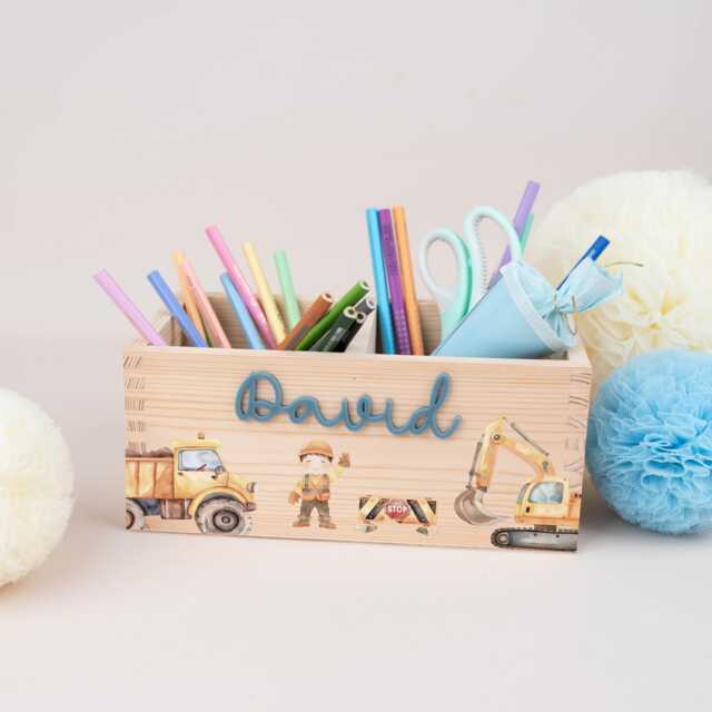 Personalized Pencil Holder Construction Site, Desk Organizer Wood With Acrylic Name, Cup School Enrollment, Gift Schoolchild Excavator - image 1