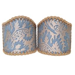 Pair Of Wall Sconce Clip-On Shield Shades Fortuny Fabric Solimena Slate Blue & Silvery Gold Mini Lampshade - Handmade in Italy