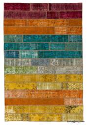 Handmade Turkish Patchwork Rug, Green, Orange, Yellow, Red, Blue - thumbnail 1
