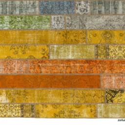 Handmade Turkish Patchwork Rug, Green, Orange, Yellow, Red, Blue - thumbnail 2
