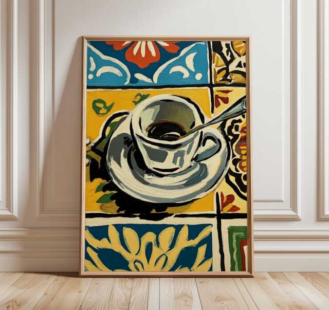 Espresso Cup Wall Art, Mediterranean Kitchen Poster, Bold Coffee Illustration With Colorful Tiles, Modern Caf?? Decor Print - image 1