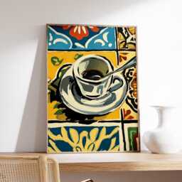 Espresso Cup Wall Art, Mediterranean Kitchen Poster, Bold Coffee Illustration With Colorful Tiles, Modern Caf?? Decor Print - thumbnail 2