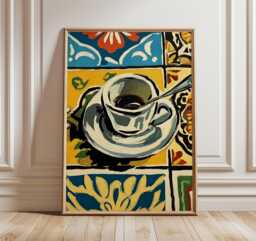 Espresso Cup Wall Art, Mediterranean Kitchen Poster, Bold Coffee Illustration With Colorful Tiles, Modern Caf?? Decor Print - thumbnail 1