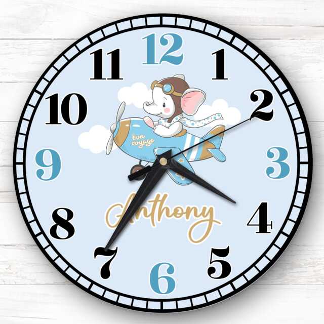 Plane Baby Elephant Blue Boys Children Personalised Gift For Kid's Bedroom Clock - Kids Clock, Children's , Custom Wall - image 1