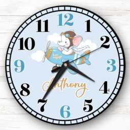 Plane Baby Elephant Blue Boys Children Personalised Gift For Kid's Bedroom Clock - Kids Clock, Children's , Custom Wall - thumbnail 1
