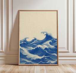 Blue Ocean Waves Dotwork Print, Japanese Style Seascape Poster, Minimalist Wave Wall Art, Modern Zen Coastal Decor - thumbnail 1