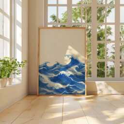 Blue Ocean Waves Dotwork Print, Japanese Style Seascape Poster, Minimalist Wave Wall Art, Modern Zen Coastal Decor - thumbnail 3