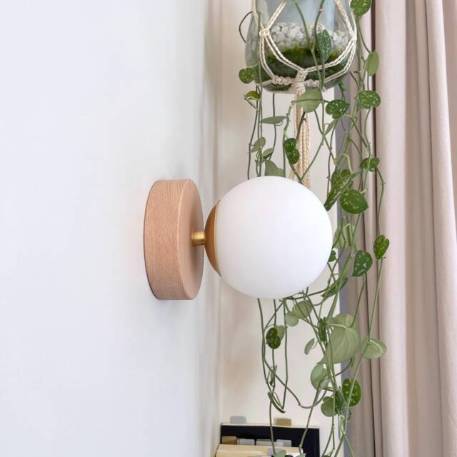 Minimal Globe Sconce Wooden Brass Wall Lamp Glass Light Boho Vanity Lighting [Apollon] - image 1