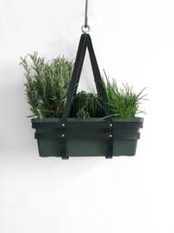 Hanging Basket Herb Garden Leather Geometric Planter Black Dark Green Pot Plant Lover Gift Boho Home Decor Jungalow Style - thumbnail 1