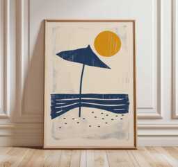 Minimalist Beach Umbrella Poster Print - Modern Coastal Wall Art, Abstract Summer Sun Illustration, Relaxing Ocean Home Decor - thumbnail 1