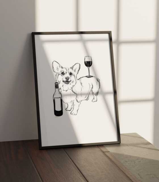 Corgi Wall Art, Drawing, Dog Lovers Gift, Corgi Print, Poster, & Wine, Drinking Customisable Colour - image 1