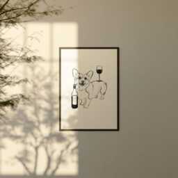 Corgi Wall Art, Drawing, Dog Lovers Gift, Corgi Print, Poster, & Wine, Drinking Customisable Colour - thumbnail 2