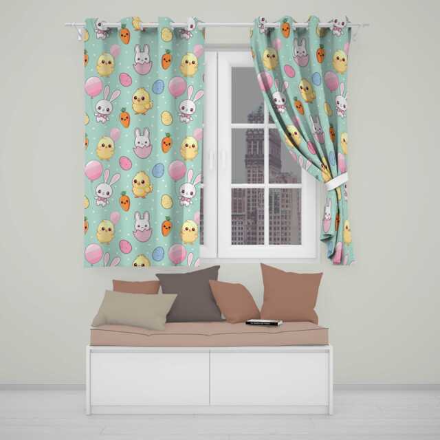 Cute Easter Bunny Chick Carrot Egg Mint Polka Dot Seamless Pattern Readymade Eyelet Ring Top Thermal 100% Blackout Curtains - image 1