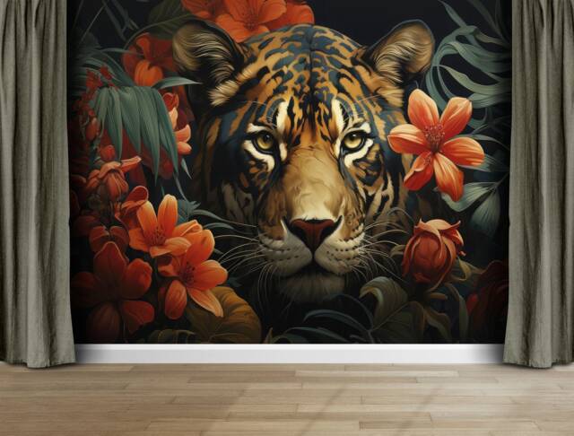 Vintage Tiger Floral Wallpaper Mural, Tropical Peel & Stick Decal - image 1