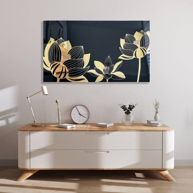 "Gold Lotus Mirrored Acrylic Wall Art Modern Floral Decor - 53""x32" - image 1