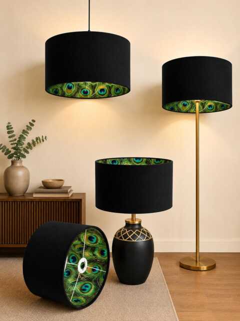 New Hq Luxury Handmade By Order Double Sided Black Velvet & Peacock Feathers Combination Pattern Drum Shape Lamp Shade Pendant Light - image 1