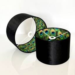 New Hq Luxury Handmade By Order Double Sided Black Velvet & Peacock Feathers Combination Pattern Drum Shape Lamp Shade Pendant Light - thumbnail 2