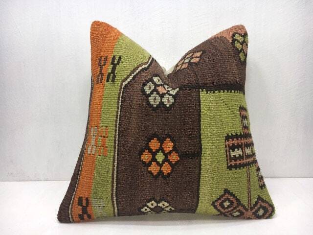 Vintage Turkish Kilim Pillow, Bohemian Throw Pillow Cover - 16x16 - image 1