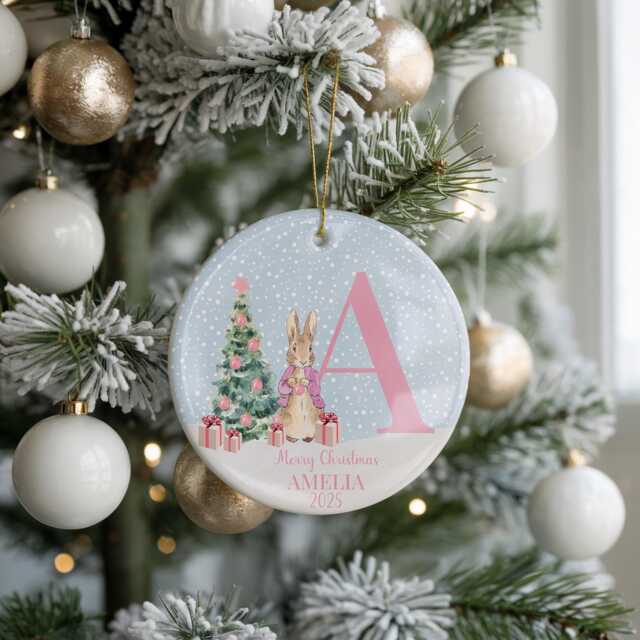 Personalised Baby's Christmas Ornament, Pink Rabbit Custom Bauble, Baby Keepsake Gift - image 1