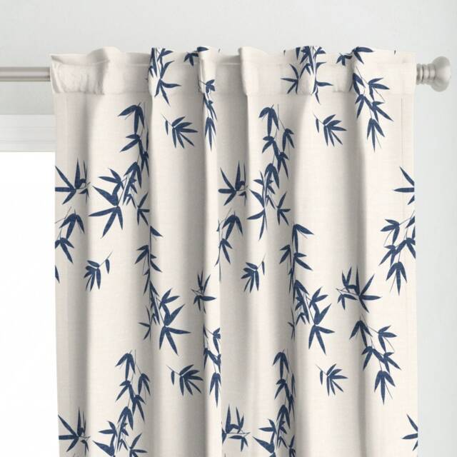Elegant Botanical Curtain Panel - Minimalist Japanese Inspired Plants Blue On Off White Custom Bamboo Leaves By Kimsa - image 1