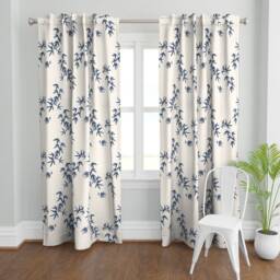 Elegant Botanical Curtain Panel - Minimalist Japanese Inspired Plants Blue On Off White Custom Bamboo Leaves By Kimsa - thumbnail 2