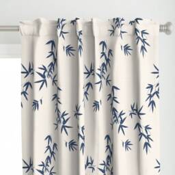 Elegant Botanical Curtain Panel - Minimalist Japanese Inspired Plants Blue On Off White Custom Bamboo Leaves By Kimsa