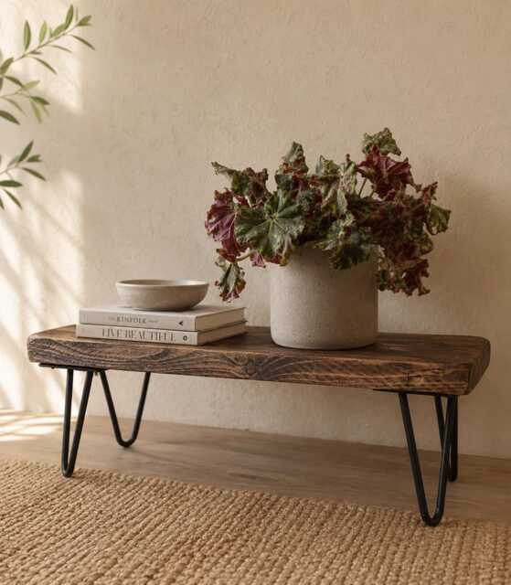 Handmade Rustic Wooden Plant Stand With Hairpin Legs - Indoor Display Bench Reclaimed Wood Shelf - image 1