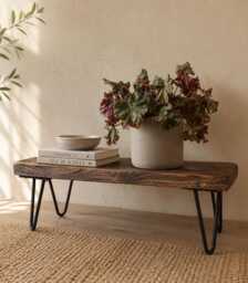 Handmade Rustic Wooden Plant Stand With Hairpin Legs - Indoor Display Bench Reclaimed Wood Shelf