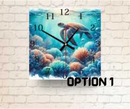 Sea Turtle Glass Wall Clock Coastal Ocean Art, 2 Patterns - thumbnail 1