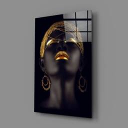 Black & Gold Woman Portrait - Afro Glam Tempered Glass Wall Art For Luxury Modern Interiors - thumbnail 2