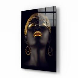 Black & Gold Woman Portrait - Afro Glam Tempered Glass Wall Art For Luxury Modern Interiors - thumbnail 1