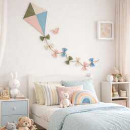Pastel Kite Nursery Decor in Green, Pink, Cream & Blue, Geometric Wall Hanging With Origami Butterfly