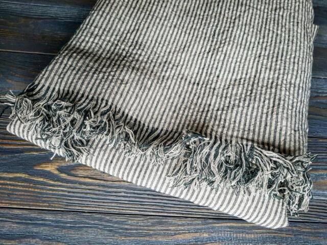 Fringed Striped Linen Blanket, Softened Black Beige Throw, Beach Wrap, Cover - image 1