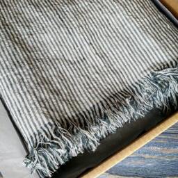 Fringed Striped Linen Blanket, Softened Black Beige Throw, Beach Wrap, Cover - thumbnail 3
