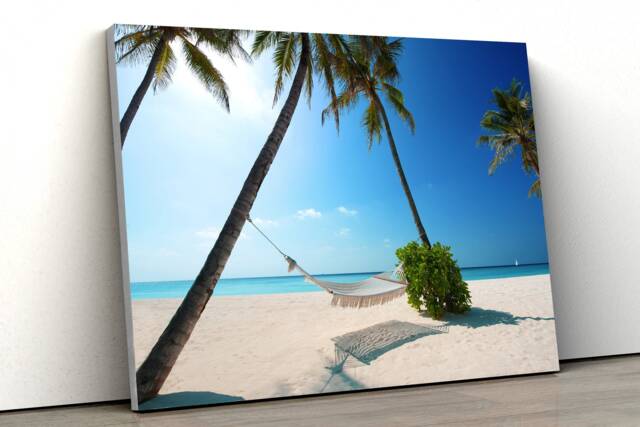 Tropical Maldives Beach Hammock Palm Tree Sand Sea Large Canvas Art Print Gift A0 A1 A2 A3 A4 - image 1