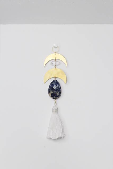 Sun Catcher Crescent Brass Crystal Moon Wall Hanging Art Blue Lapis Lazuli Clear Quartz Light Decor Boho Home Accents Tassel - image 1