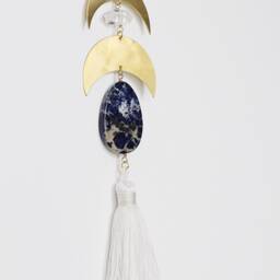 Sun Catcher Crescent Brass Crystal Moon Wall Hanging Art Blue Lapis Lazuli Clear Quartz Light Decor Boho Home Accents Tassel - thumbnail 2