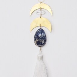 Sun Catcher Crescent Brass Crystal Moon Wall Hanging Art Blue Lapis Lazuli Clear Quartz Light Decor Boho Home Accents Tassel - thumbnail 3