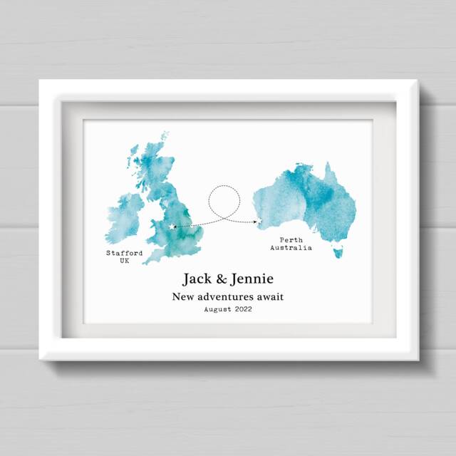 Moving Countries Gift, Personalised Watercolour Style Map Print, Travel Gift For Friend Moving in Any Colour - image 1