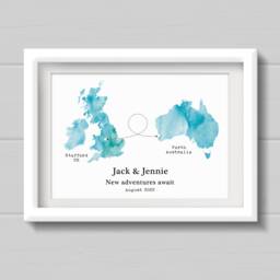 Moving Countries Gift, Personalised Watercolour Style Map Print, Travel Gift For Friend Moving in Any Colour - thumbnail 1