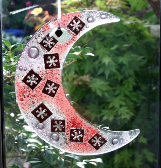 "Fused Glass Hanging Ornament ""Christmas Snow' Copper Snowflakes Encased in A Fused ""Bubble' Moon 19 cm/7.5"