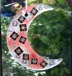 "Fused Glass Hanging Ornament ""Christmas Snow' Copper Snowflakes Encased in A Fused ""Bubble' Moon 19 cm/7.5"