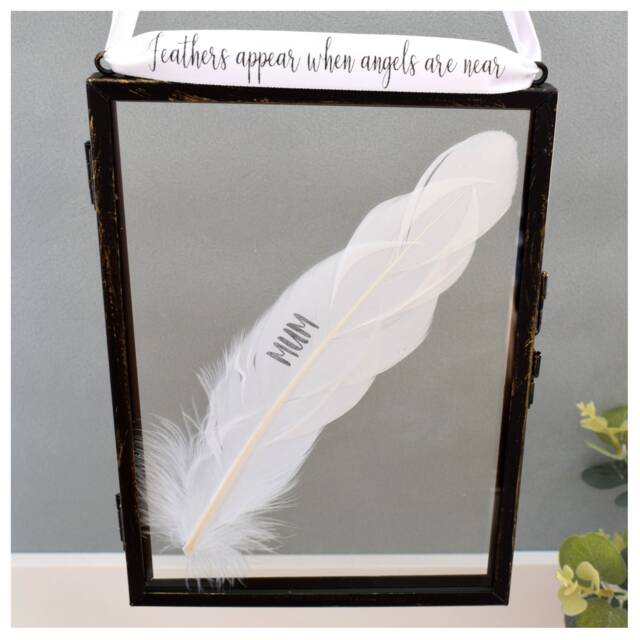 Feather Memorial Frame For Mum. Real White Glass Floating Frame. Handmade in Memory Keepsake. Loss Of Mum Mother Parent Personalised - image 1