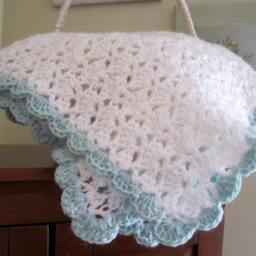 Crochet Baby Blanket White Acrylic With Pale Green Ruffle - thumbnail 4