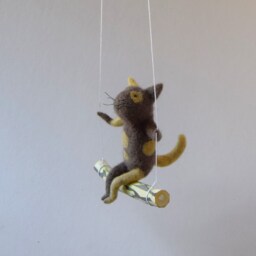 Cat On Swing , Taupe Needle Felted Cat, Nursery Decoration, Baby Crib Mobile, Toy, Mobile - thumbnail 2